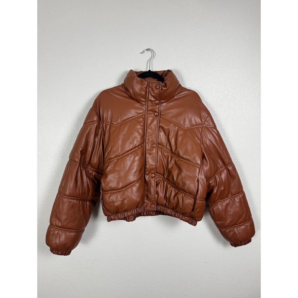 Zara Puffer Jacket Womens M Brown Faux Leather Quilted Snap Front Padded Coat
